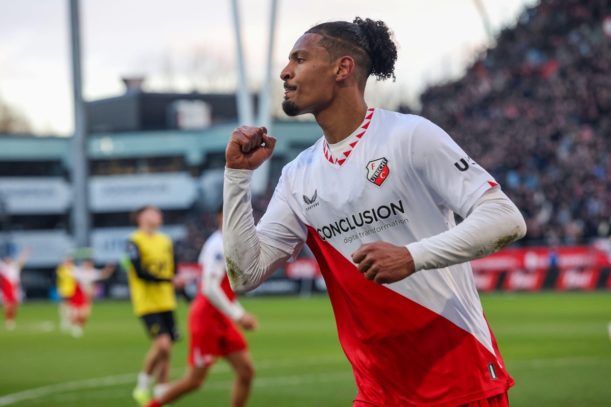 Utrecht, Netherlands. 01st Mar, 2025. UTRECHT, NETHERLANDS - MARCH 1: Sebastien Haller of FC Utrecht is celebrating his teams first goal during the Dutch Eredivisie match between FC Utrecht and NAC Breda at Stadion de Galgenwaard on March 1, 2025 in Utrec